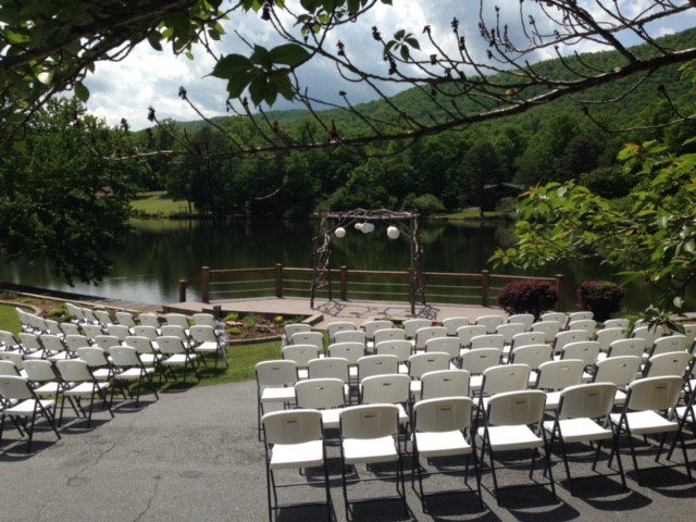Forge Valley Event Center | Hendersonville, Brevard, Asheville | outdoor wedding area on the lake with blue ridge mountains and rustic arbor